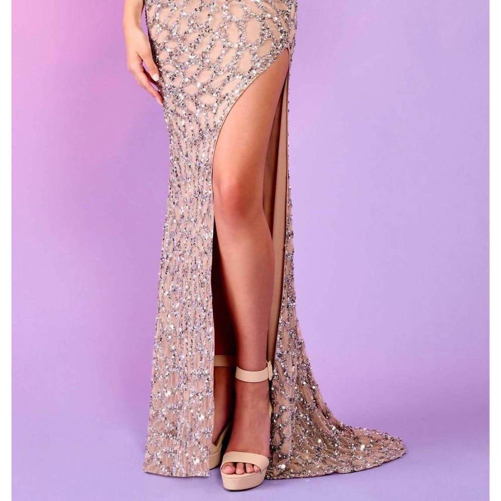 NEW RACHEL ALLAN scoop neckline beaded high slit gown in silver nude